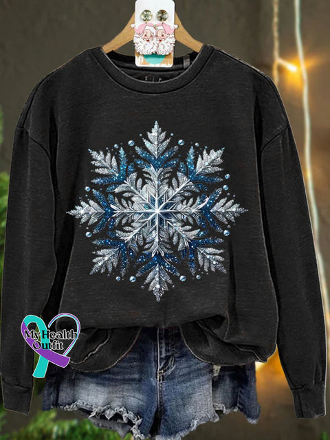 Christmas Silver Blue Glitter Snowflake Winter Casual Sweatshirt Black / S