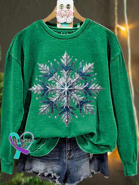 Christmas Silver Blue Glitter Snowflake Winter Casual Sweatshirt Green / S