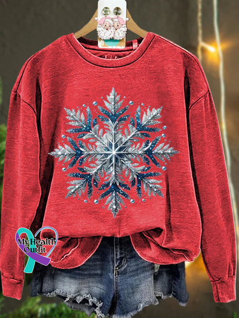 Christmas Silver Blue Glitter Snowflake Winter Casual Sweatshirt Red / S
