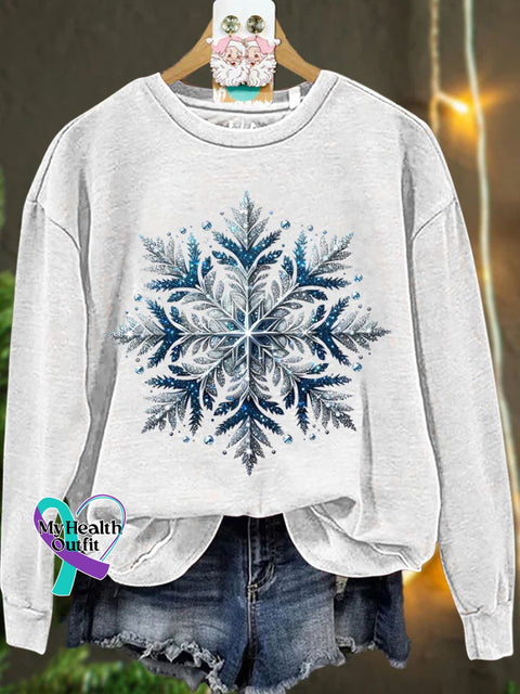 Christmas Silver Blue Glitter Snowflake Winter Casual Sweatshirt White / S