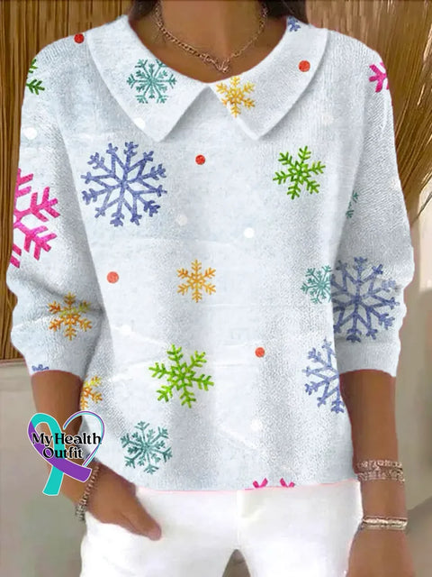 Christmas Snow Casual Peter Pan Collar 3/4 Sleeve Sweater Multicolor / S