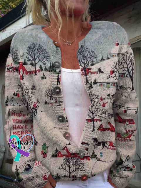 Christmas Snow Night Art Print Buttoned Cardigan Sweater Multicolor / S
