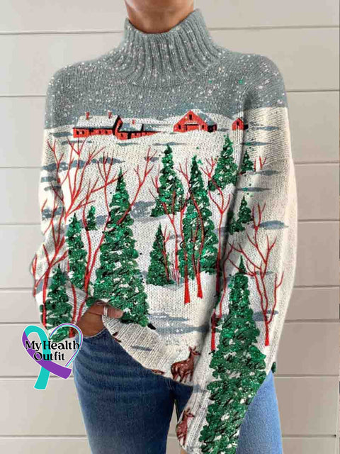 Christmas Snow Night Art Print Knit Turtleneck Pullover Sweater Multicolor / S