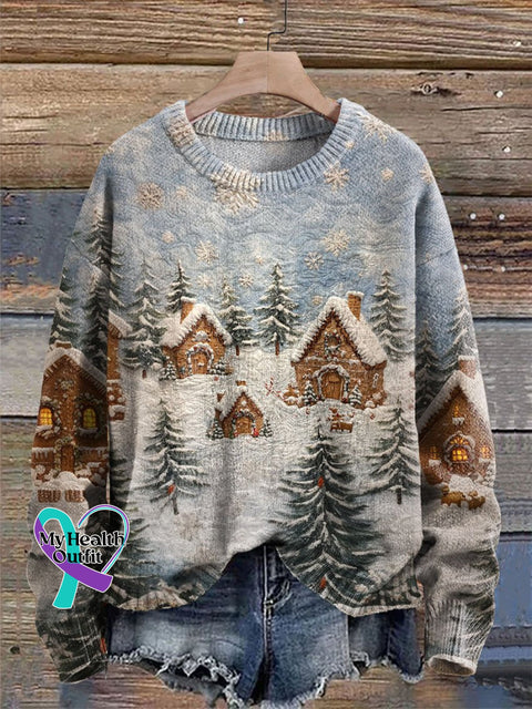 Christmas Snow Scenery Patchwork Print Knit Pullover Sweater