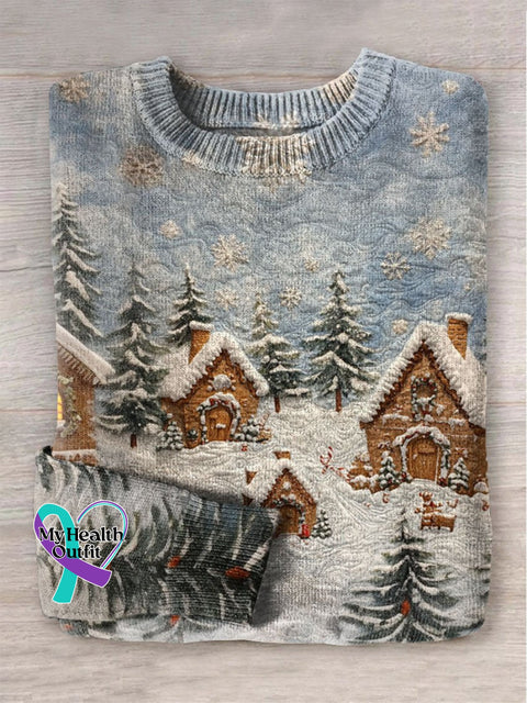 Christmas Snow Scenery Patchwork Print Knit Pullover Sweater Multicolor / S
