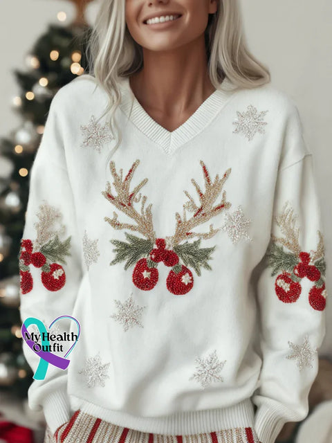Christmas Snowflake Print Knit V-neck Pullover Sweater Multicolor / S