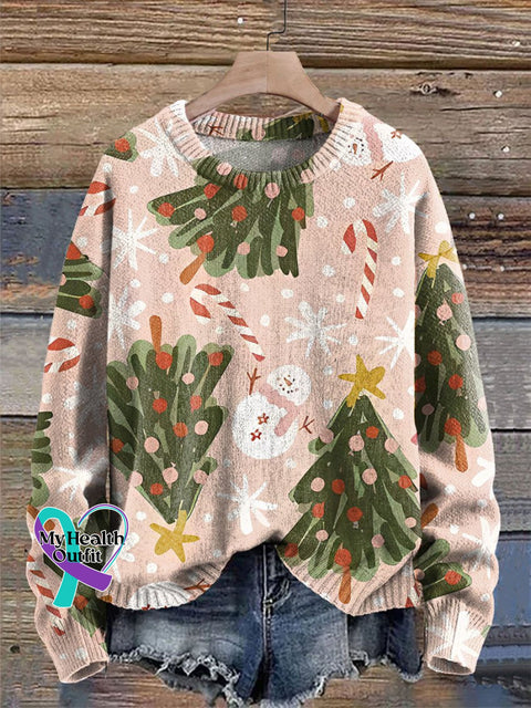 Christmas Snowman Candy Cane Tree Print Knit Pullover Sweater