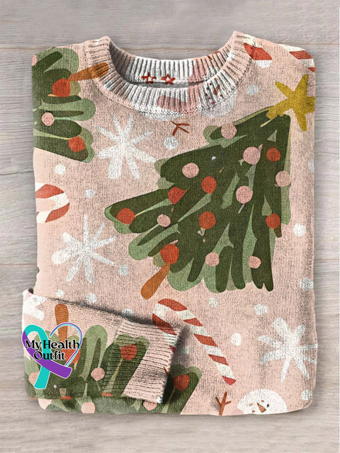Christmas Snowman Candy Cane Tree Print Knit Pullover Sweater Multicolor / S