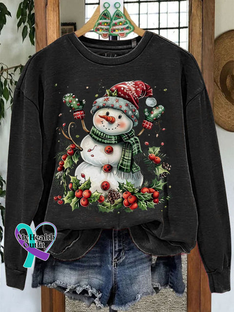 Christmas Snowman Casual Print Sweatshirt Black / S