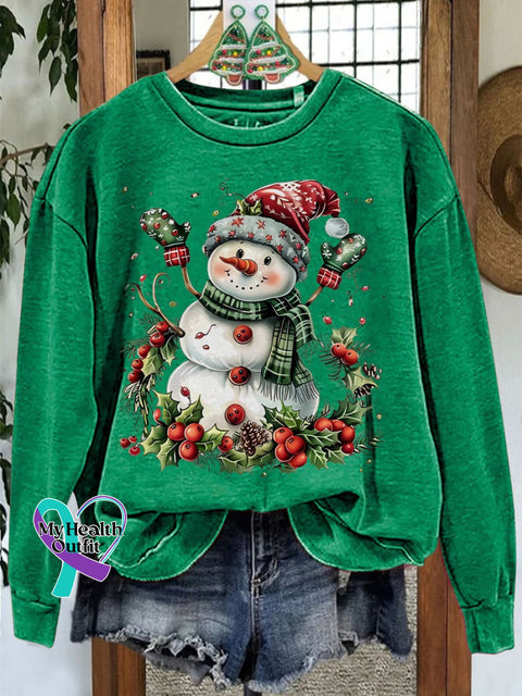 Christmas Snowman Casual Print Sweatshirt Green / S