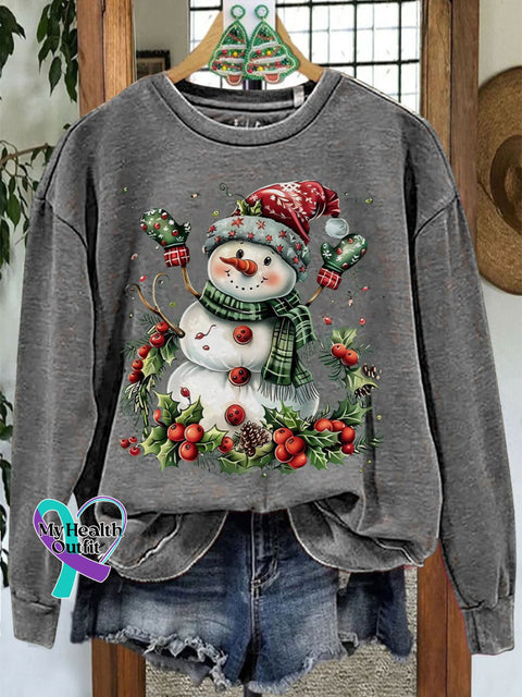 Christmas Snowman Casual Print Sweatshirt Grey / S