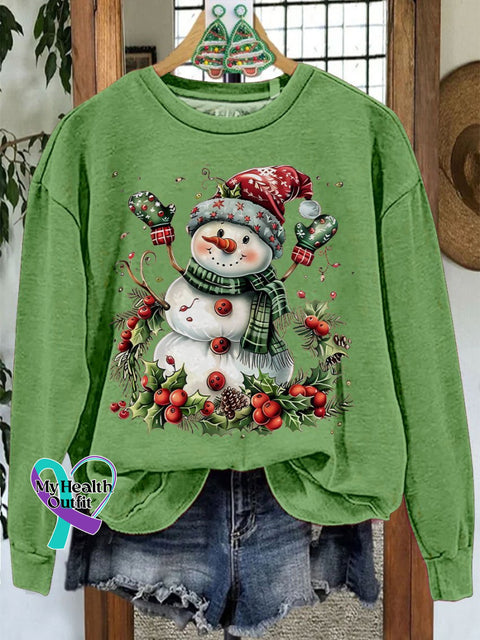 Christmas Snowman Casual Print Sweatshirt Lightgreen / S