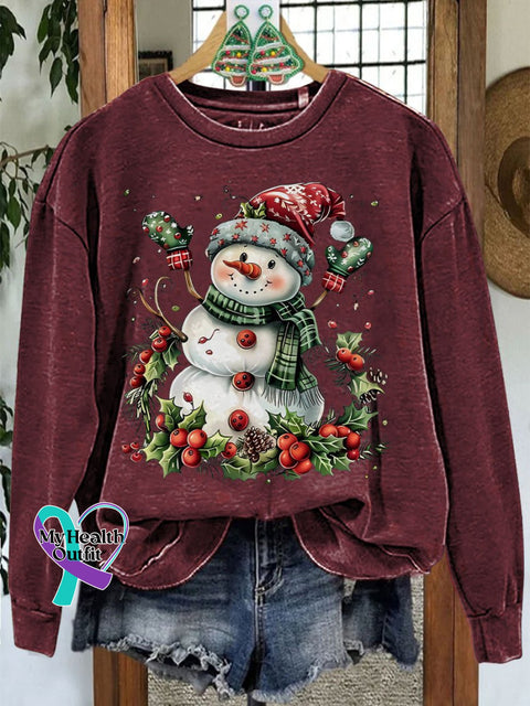 Christmas Snowman Casual Print Sweatshirt Maroon / S