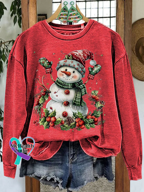 Christmas Snowman Casual Print Sweatshirt Red / S