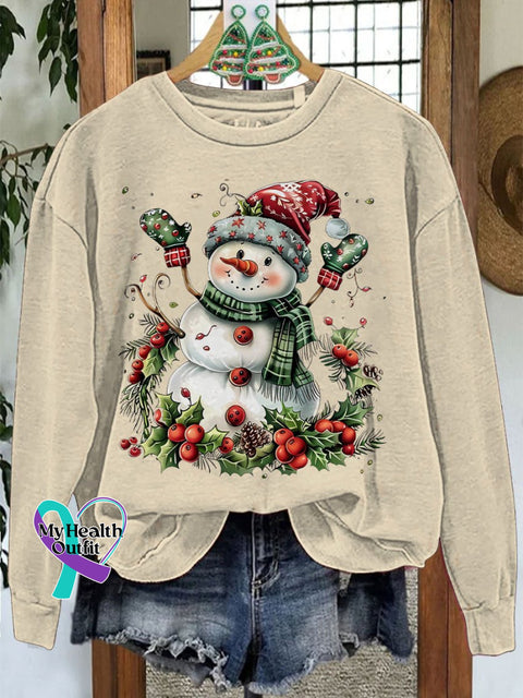 Christmas Snowman Casual Print Sweatshirt Sand / S