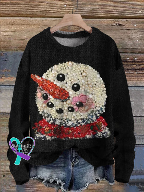 Christmas Snowman Jewelry Art Pearls Print Knit Pullover Sweater Black / S