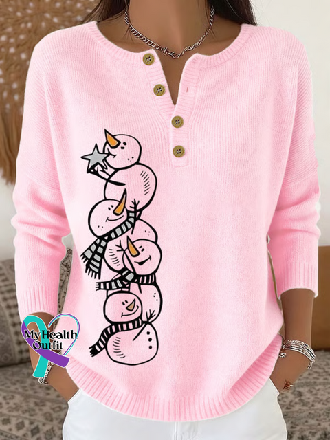 Christmas Snowman Print Buttoned Cardigan Sweater Pink / S