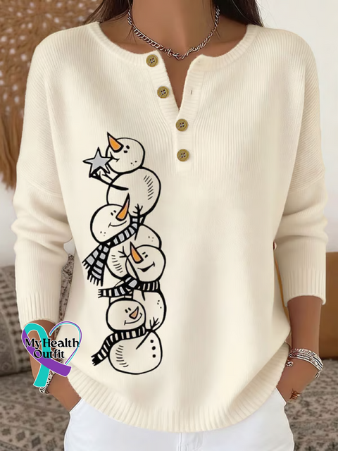 Christmas Snowman Print Buttoned Cardigan Sweater Sand / S