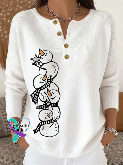 Christmas Snowman Print Buttoned Cardigan Sweater White / S