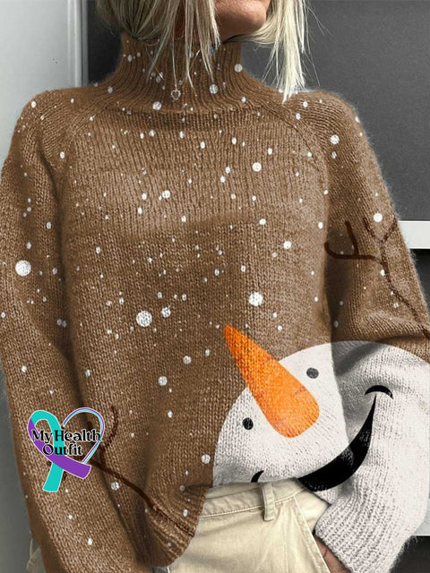 Christmas Snowman Print Knit Turtleneck Pullover Sweater Multicolor / S