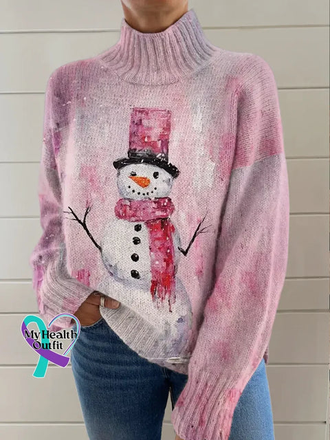 Christmas Snowman Print Knit Turtleneck Pullover Sweater Multicolor / S