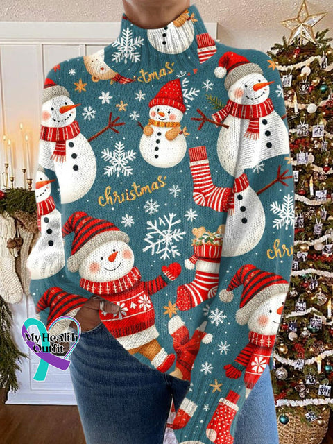 Christmas Snowman Print Knit Turtleneck Pullover Sweater Multicolor / S
