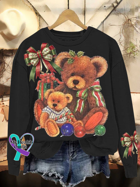 Christmas Teddy Bear Bow Casual Sweatshirt Black / S