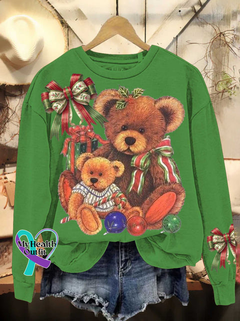 Christmas Teddy Bear Bow Casual Sweatshirt Green / S