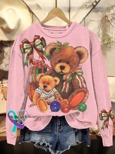 Christmas Teddy Bear Bow Casual Sweatshirt Pink / S