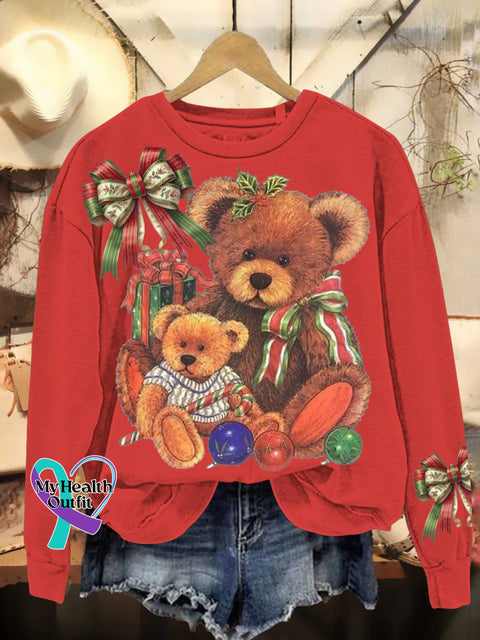 Christmas Teddy Bear Bow Casual Sweatshirt Red / S