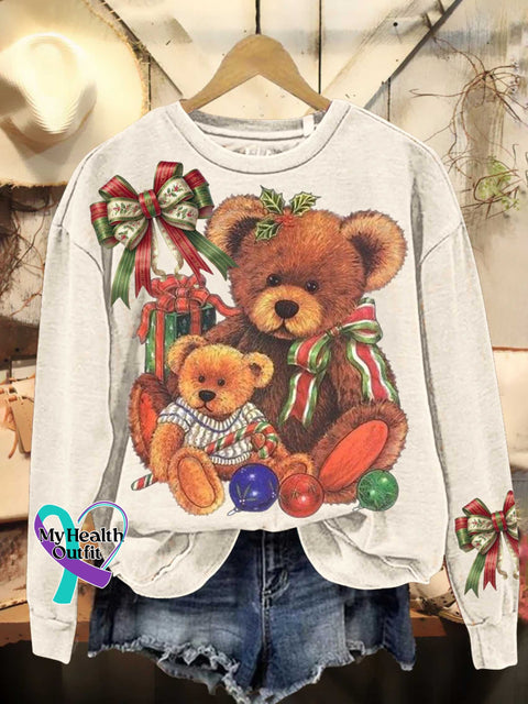 Christmas Teddy Bear Bow Casual Sweatshirt White / S