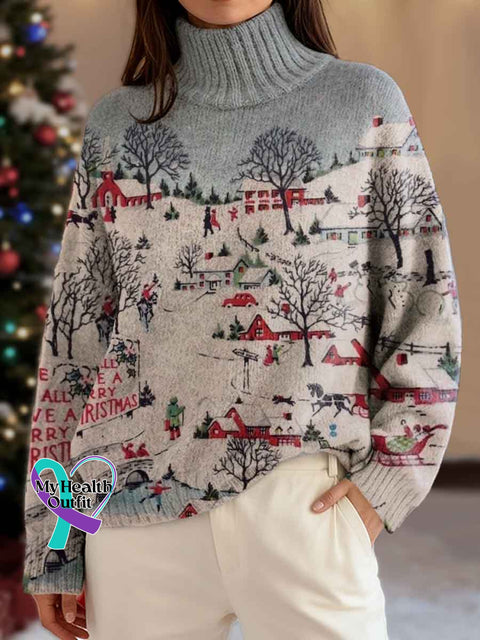 Christmas Town Snow Art Print Knit Turtleneck Pullover Sweater Multicolor / S