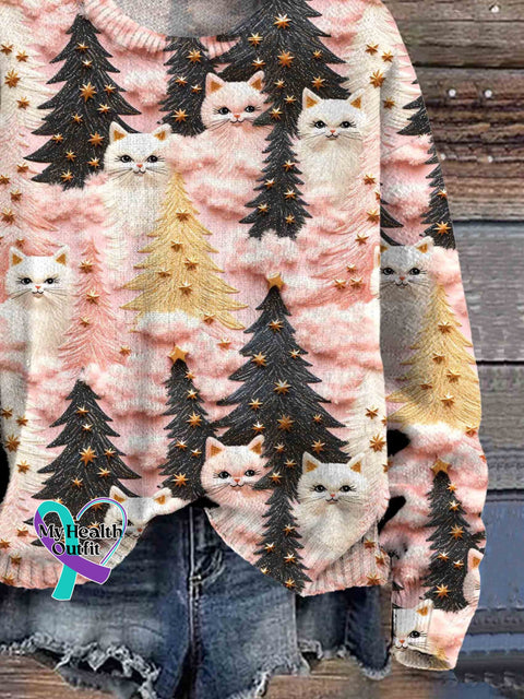 Christmas Tree And Cats Print Knit Pullover Sweater