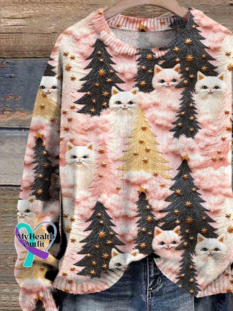 Christmas Tree And Cats Print Knit Pullover Sweater