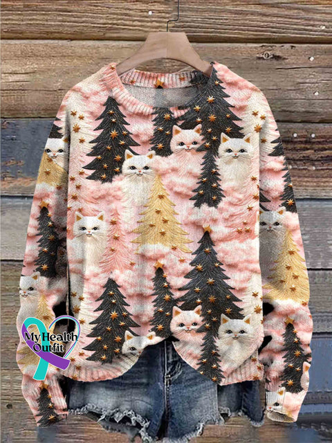 Christmas Tree And Cats Print Knit Pullover Sweater Multicolor / S