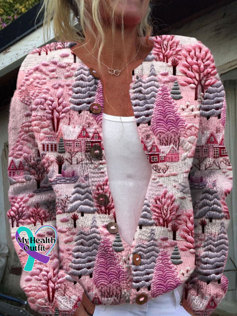 Christmas Tree Art Print Buttoned Cardigan Sweater Multicolor / S