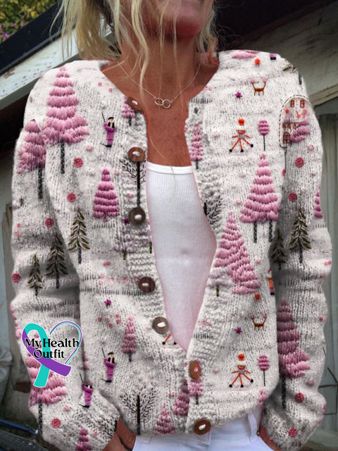 Christmas Tree Art Print Buttoned Cardigan Sweater Multicolor / S