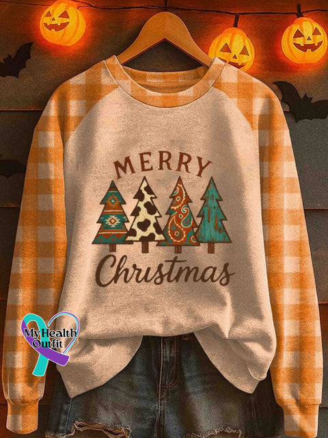Christmas Tree Art Print Casual Sweatshirt Apricot / S