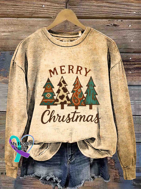 Christmas Tree Art Print Casual Sweatshirt Khaki / S