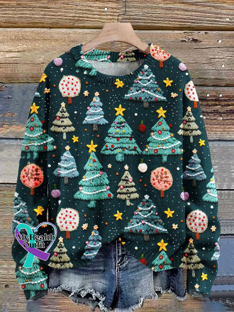 Christmas Tree Art Print Knit Pullover Sweater Multicolor / S