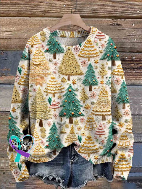Christmas Tree Art Print Knit Pullover Sweater Multicolor / S