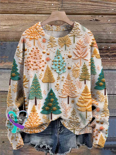 Christmas Tree Art Print Knit Pullover Sweater Multicolor / S
