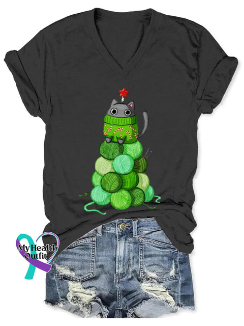 Christmas Tree Art Print V-Neck T-Shirt Black / S