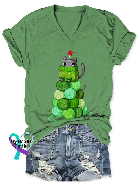 Christmas Tree Art Print V-Neck T-Shirt Green / S