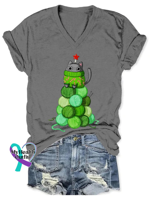 Christmas Tree Art Print V-Neck T-Shirt Grey / S