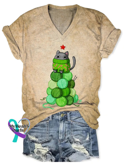 Christmas Tree Art Print V-Neck T-Shirt Khaki / S