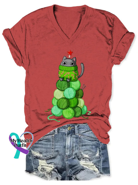 Christmas Tree Art Print V-Neck T-Shirt Red / S