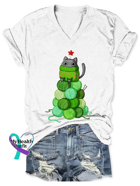 Christmas Tree Art Print V-Neck T-Shirt White / S