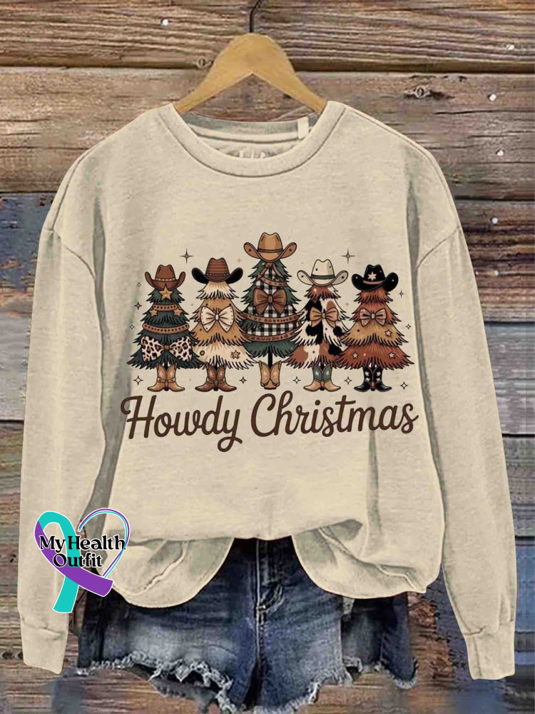 Christmas Tree Art Vintage Print Casual Sweatshirt Apricot / S