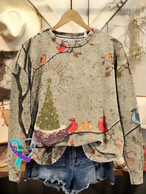 Christmas Tree Bird Print Casual Sweatshirt Multicolor / S